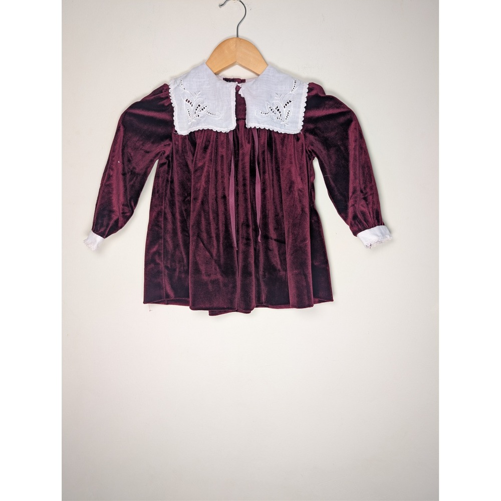 Cookie's Corner Vtg Velvet Top Girls Size 4 Burgundy White Peter Pan‎ Collar 80s
